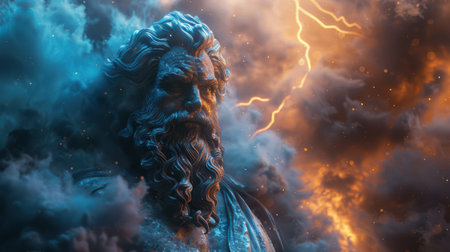 Zeus standing amidst heavy clouds with divine lightning bolt, hyper-detailed 3D character model, ancient Greek god fantasy sceneの素材