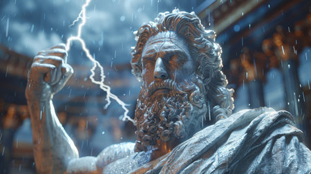 Powerful Zeus, ancient Greek god of thunder, raising lightning bolt, detailed 3D character, Mount Olympus storm, ultra-detailed skyの素材