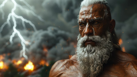 Thunder god Zeus in an epic 3D fantasy artwork, muscular, white beard, hyper-realistic skin textures, lightning-filled storm skyの素材