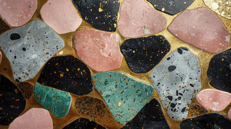 Close-up of speckled terrazzo in blush pink, deep black, and moss green, smooth surface with slight metallic flecksの素材