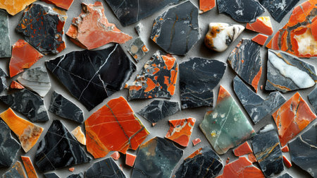 Artistic macro shot of terrazzo with rose, onyx, and jade fragments, glossy and stylish, abstract compositionの素材