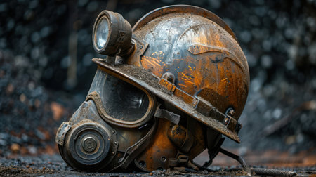 Mining helmet with integrated lamp, showing rugged construction and dust accumulation in crevicesの素材