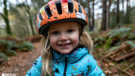 Children's bicycle helmet with fun graphics, showing safety certifications and adjustable fit systemの素材