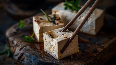 Tofu and Chopsticks" - A pair of wooden chopsticks poised to pick up a wobbling tofu cube, its surface quivering slightly. Shallow depth of field.の素材