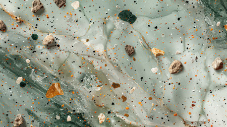 Elegant terrazzo pattern in mint green with scattered mineral flecks in warm earth tones, seamless textureの素材