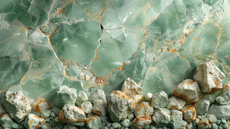 Abstract seamless terrazzo texture in light mint green featuring soft white, cream, and gray fragmentsの素材