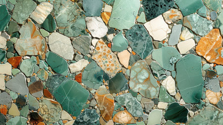 Abstract terrazzo pattern featuring pastel mint green base with scattered ivory, taupe, and gray fragmentsの素材