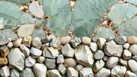 Abstract terrazzo texture in pastel mint green with decorative stone chips in ivory, cream, and light grayの素材