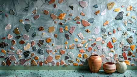 Elegant terrazzo pattern with soft mint green cement base and scattered marble fragments in pastel tonesの素材