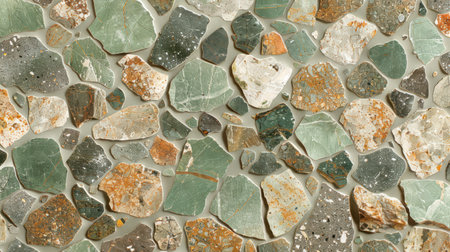 Elegant terrazzo pattern in mint green with scattered mineral flecks in warm earth tones, seamless textureの素材