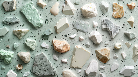 Abstract seamless terrazzo texture in light mint green featuring soft white, cream, and gray fragmentsの素材
