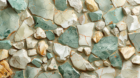 Abstract terrazzo texture in pastel mint green with decorative stone chips in ivory, cream, and light grayの素材