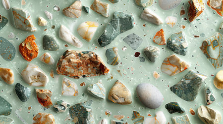 Light terrazzo floor texture in pastel mint green with random decorative stone chips viewed from aboveの素材