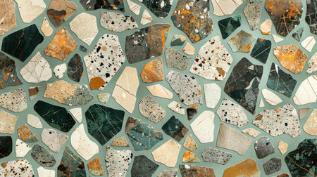 Abstract terrazzo pattern featuring pastel mint green base with scattered ivory, taupe, and gray fragmentsの素材
