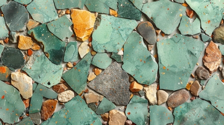Elegant terrazzo pattern in mint green with scattered mineral flecks in warm earth tones, seamless textureの素材