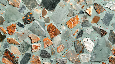 Seamless mint green terrazzo background with random embedded marble and granite chips, soft polished finishの素材
