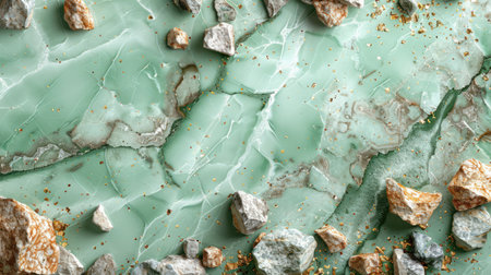 Seamless mint green terrazzo background with random embedded marble and granite chips, soft polished finishの素材