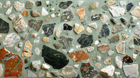 Polished mint green terrazzo floor surface with scattered marble and quartz fragments in soft natural tonesの素材