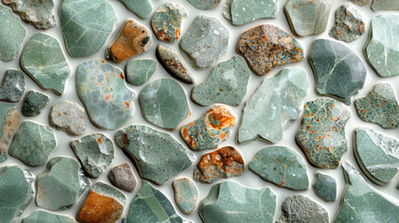 Seamless terrazzo floor texture in soft mint green with natural marble and quartz flecks, viewed from aboveの素材