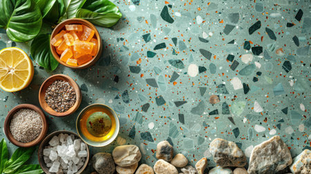 Modern terrazzo floor background in pastel mint green with scattered natural stone and marble chipsの素材