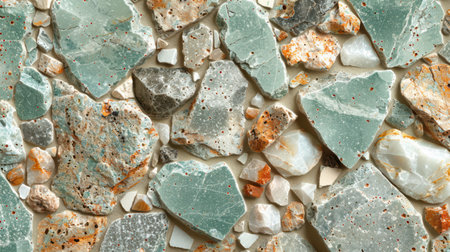 Seamless terrazzo background with smooth mint green base and decorative white and beige flecksの素材