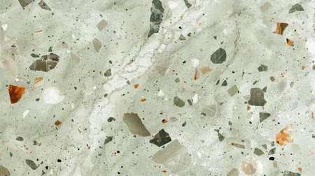 Seamless terrazzo floor texture in soft mint green with natural marble and quartz flecks, viewed from aboveの素材