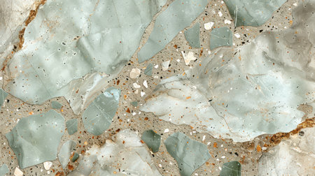 Smooth seamless terrazzo flooring in soft mint green with embedded light mineral chips, top-down textureの素材
