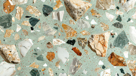 Seamless terrazzo background with smooth mint green base and decorative white and beige flecksの素材