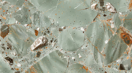 Seamless terrazzo floor texture in soft mint green with natural marble and quartz flecks, viewed from aboveの素材