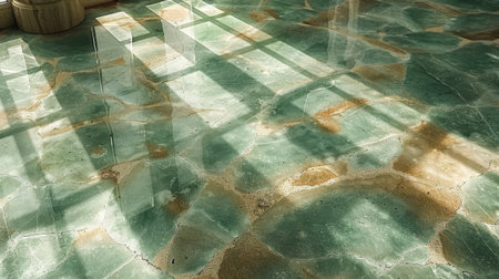 Smooth seamless terrazzo flooring in soft mint green with embedded light mineral chips, top-down textureの素材