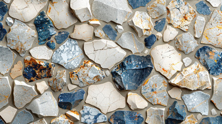 Abstract terrazzo texture with beige base and scattered blue and soft white chips, seamless decorative patternの素材