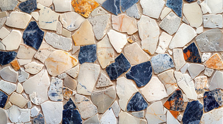 Abstract beige and blue terrazzo pattern featuring polished surface and random mineral chips in soft huesの素材