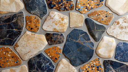 Beige terrazzo flooring with embedded blue and ivory stone flecks, seamless top-down texture backgroundの素材