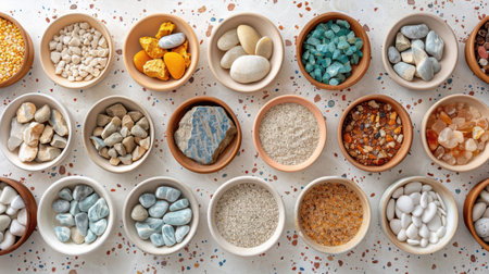 Decorative terrazzo background in beige and light blue with scattered natural stone fragmentsの素材