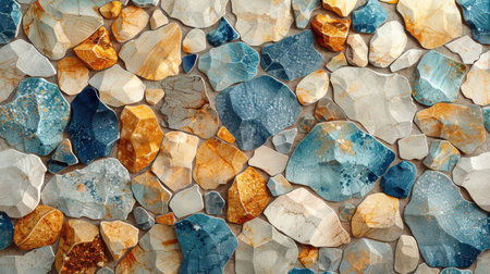 Abstract beige and blue terrazzo pattern featuring polished surface and random mineral chips in soft huesの素材