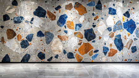 Abstract terrazzo surface in beige and blue tones, featuring smooth finish with scattered chipsの素材