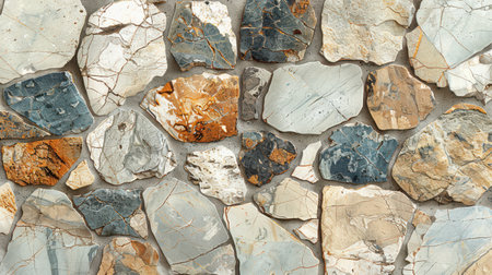 Decorative terrazzo background in beige and light blue with scattered natural stone fragmentsの素材