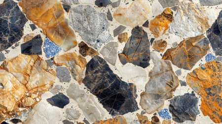 Beige terrazzo flooring with embedded blue and ivory stone flecks, seamless top-down texture backgroundの素材