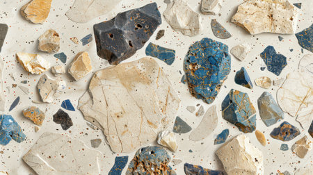 Beige terrazzo flooring with embedded blue and ivory stone flecks, seamless top-down texture backgroundの素材