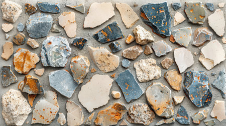 Decorative terrazzo pattern in beige and pastel blue with natural mineral chips in soft neutral tonesの素材