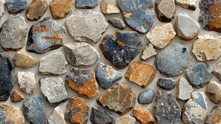 Decorative terrazzo background in beige and light blue with scattered natural stone fragmentsの素材