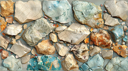 Polished seamless terrazzo texture in beige and light blue with random natural stone fragmentsの素材