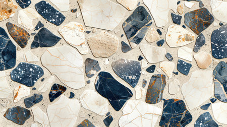 Modern terrazzo background with beige cement base and irregular blue and white mineral chipsの素材