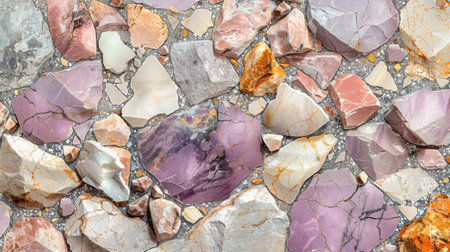 Abstract seamless terrazzo backdrop in pastel purple with marble fragments in ivory, blush, and light grayの素材