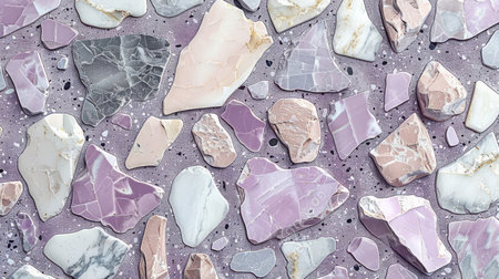 Abstract seamless terrazzo backdrop in pastel purple with marble fragments in ivory, blush, and light grayの素材