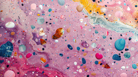 Abstract contemporary terrazzo pattern with lilac pastel base and scattered marble flecks, seamless layoutの素材