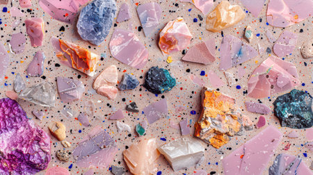 Boho chic terrazzo texture in soft lilac and lavender tones with scattered decorative marble flecksの素材