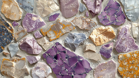 Lilac pastel terrazzo texture featuring decorative marble and stone chips in soft neutral tones, elegant finishの素材