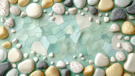 Abstract seamless terrazzo texture in light mint green featuring soft white, cream, and gray fragmentsの素材