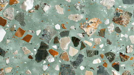 Abstract terrazzo pattern featuring pastel mint green base with scattered ivory, taupe, and gray fragmentsの素材
